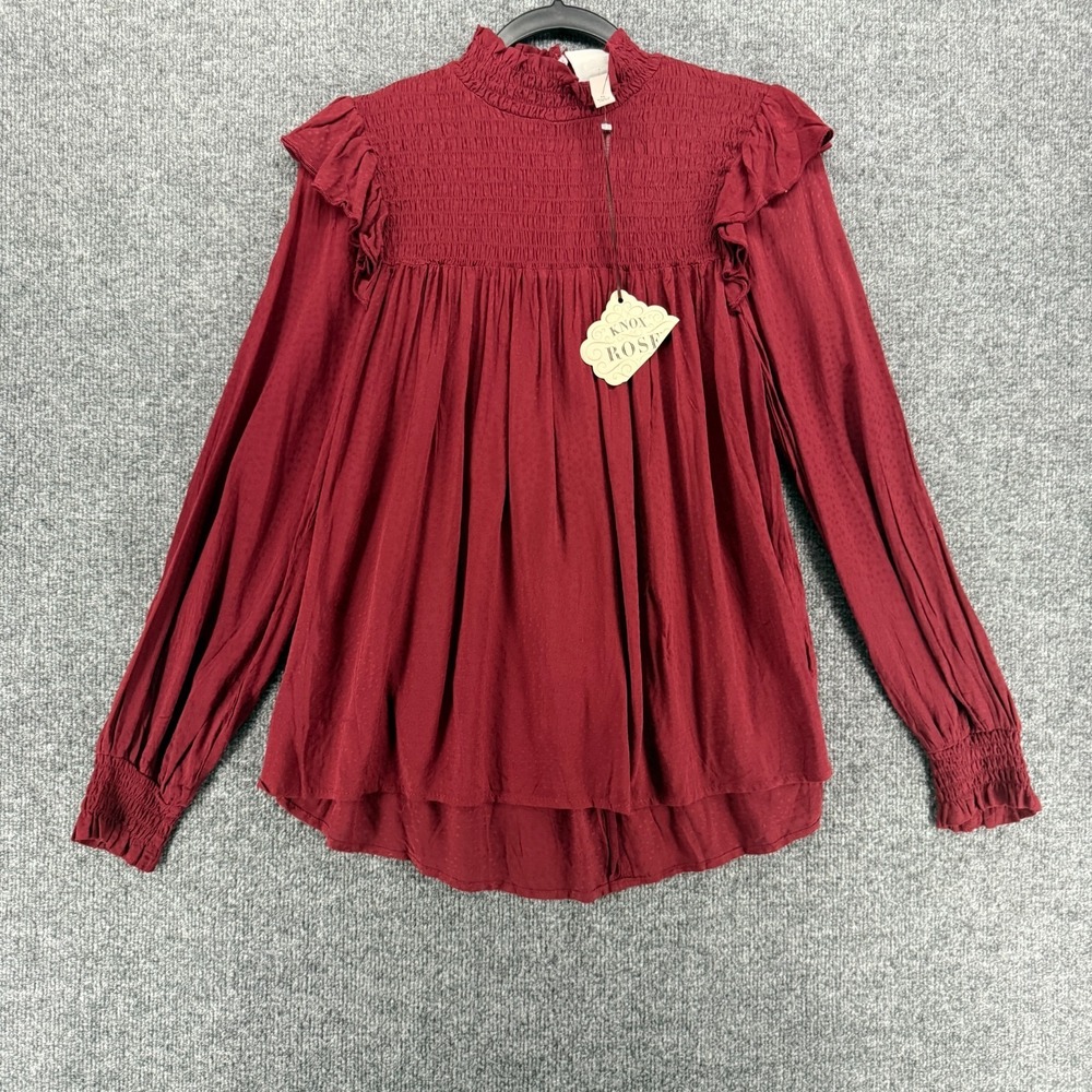 Knox Rose Top Womens M Maroon Mock Neck Ruffle Peasant Cottagecore Boho Prairie